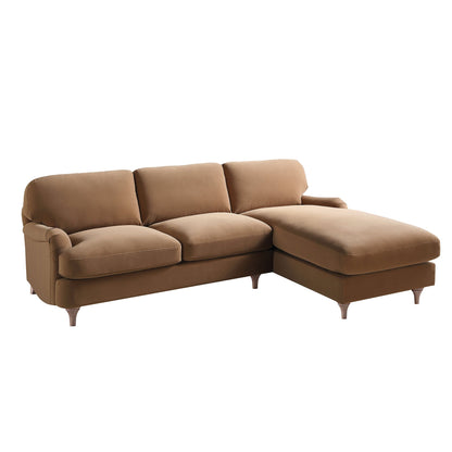 Canapé Daphnis en velours camel, grande chaise longue orientée à droite