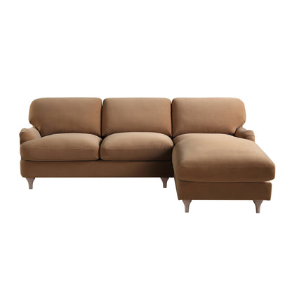 Canapé Daphnis en velours camel, grande chaise longue orientée à droite