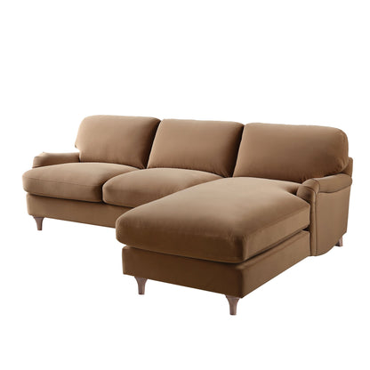 Canapé Daphnis en velours camel, grande chaise longue orientée à droite