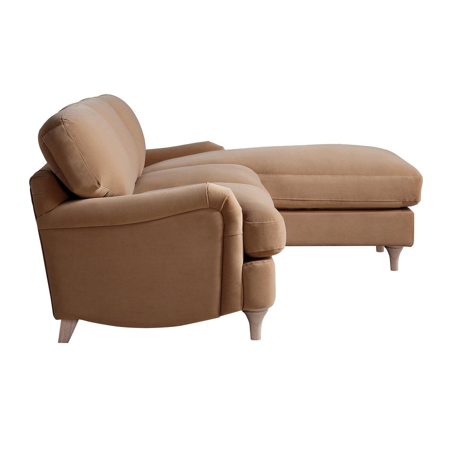 Canapé Daphnis en velours camel, grande chaise longue orientée à droite