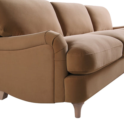 Canapé Daphnis en velours camel, grande chaise longue orientée à droite