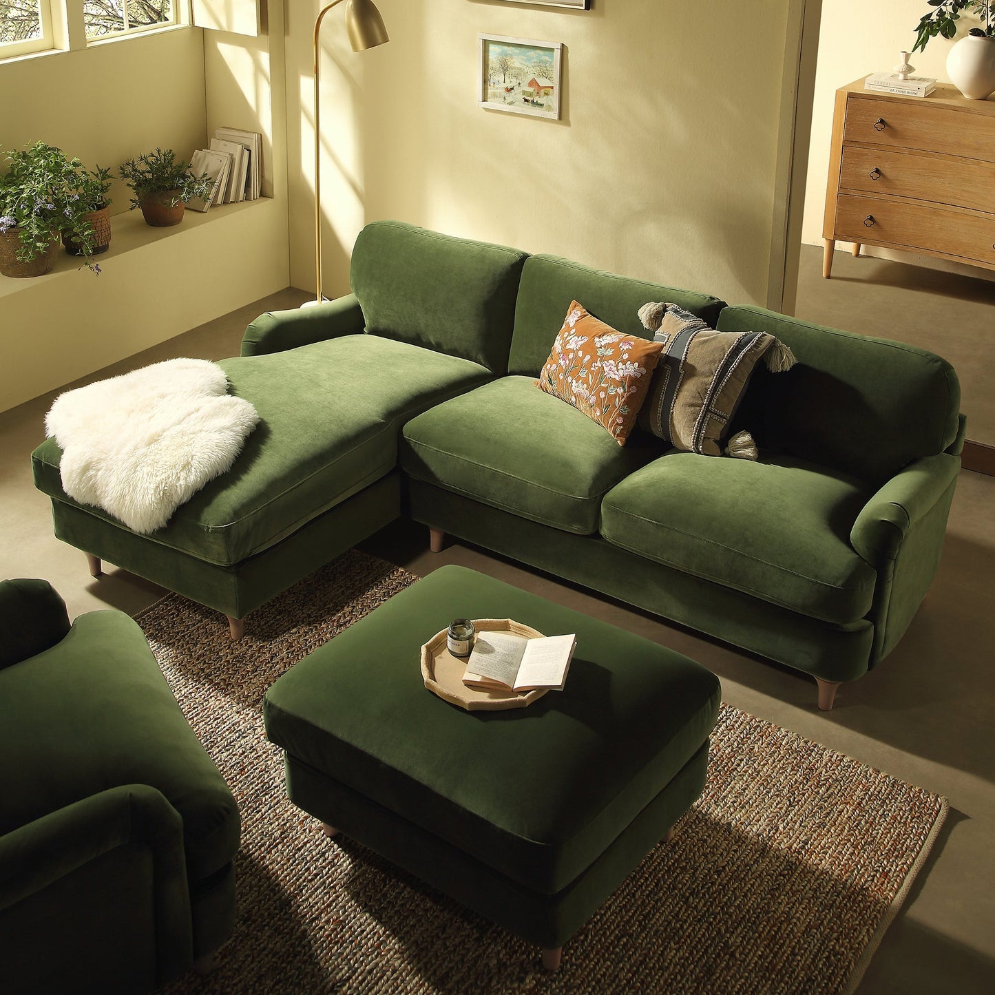 Canapé en velours vert Daphnis Fern, Grande Chaise Longue orientée à gauche