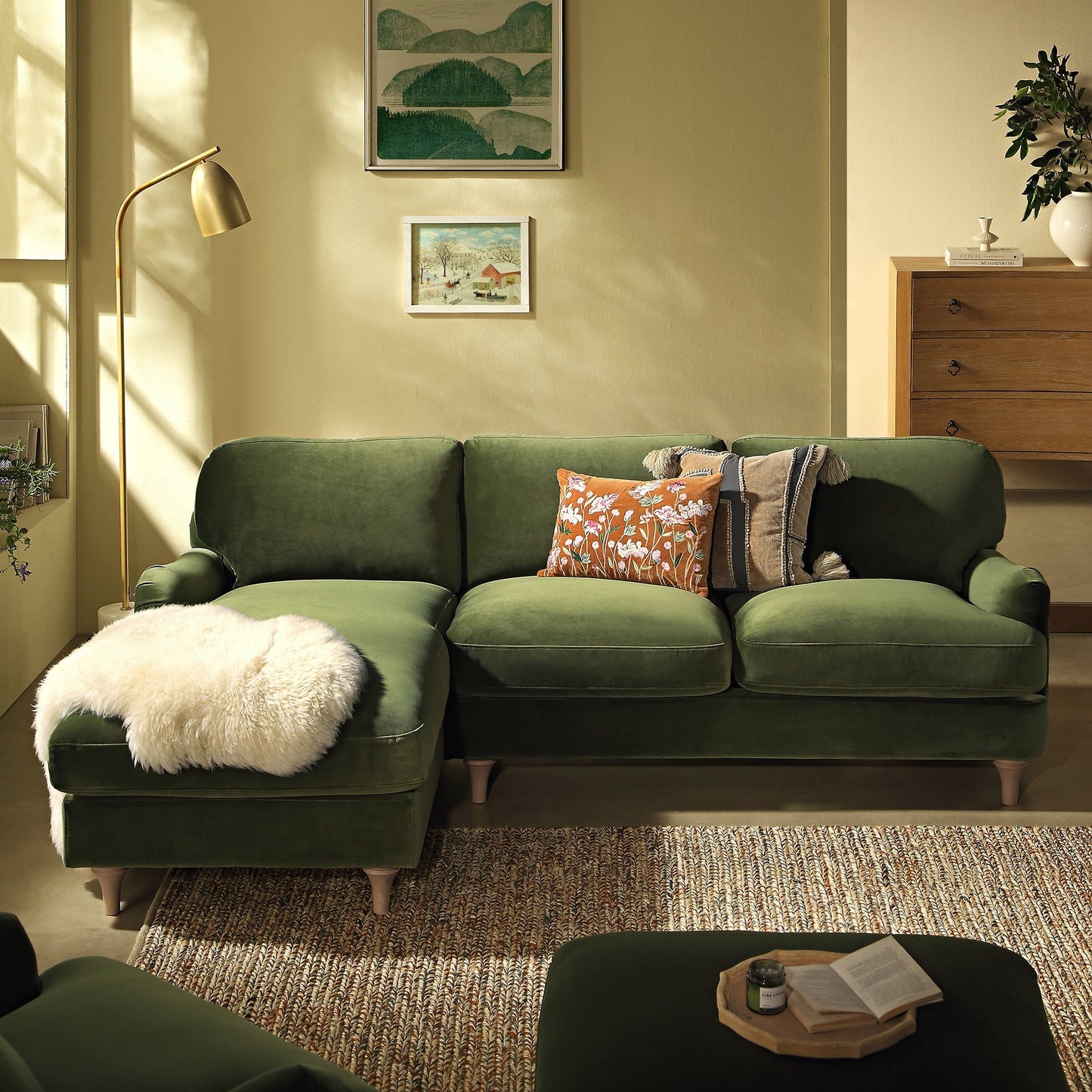 Canapé en velours vert Daphnis Fern, Grande Chaise Longue orientée à gauche