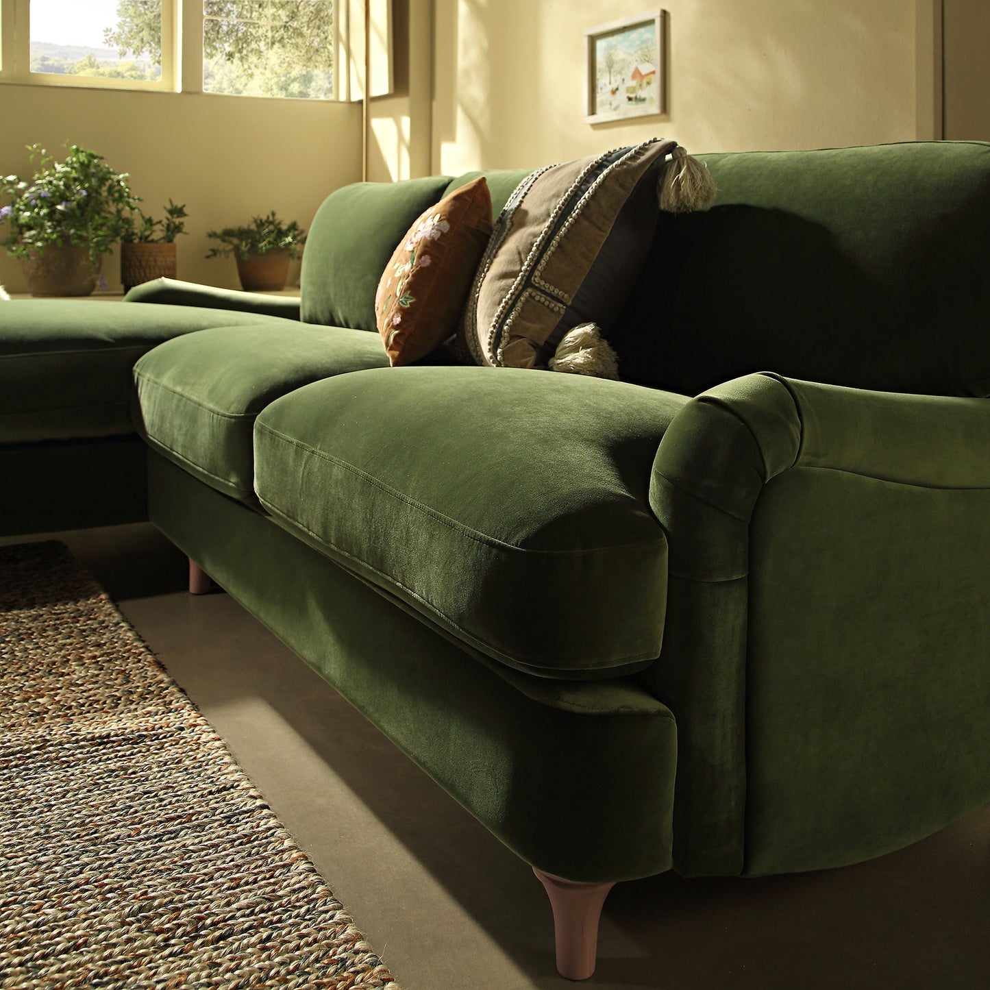 Canapé en velours vert Daphnis Fern, Grande Chaise Longue orientée à gauche