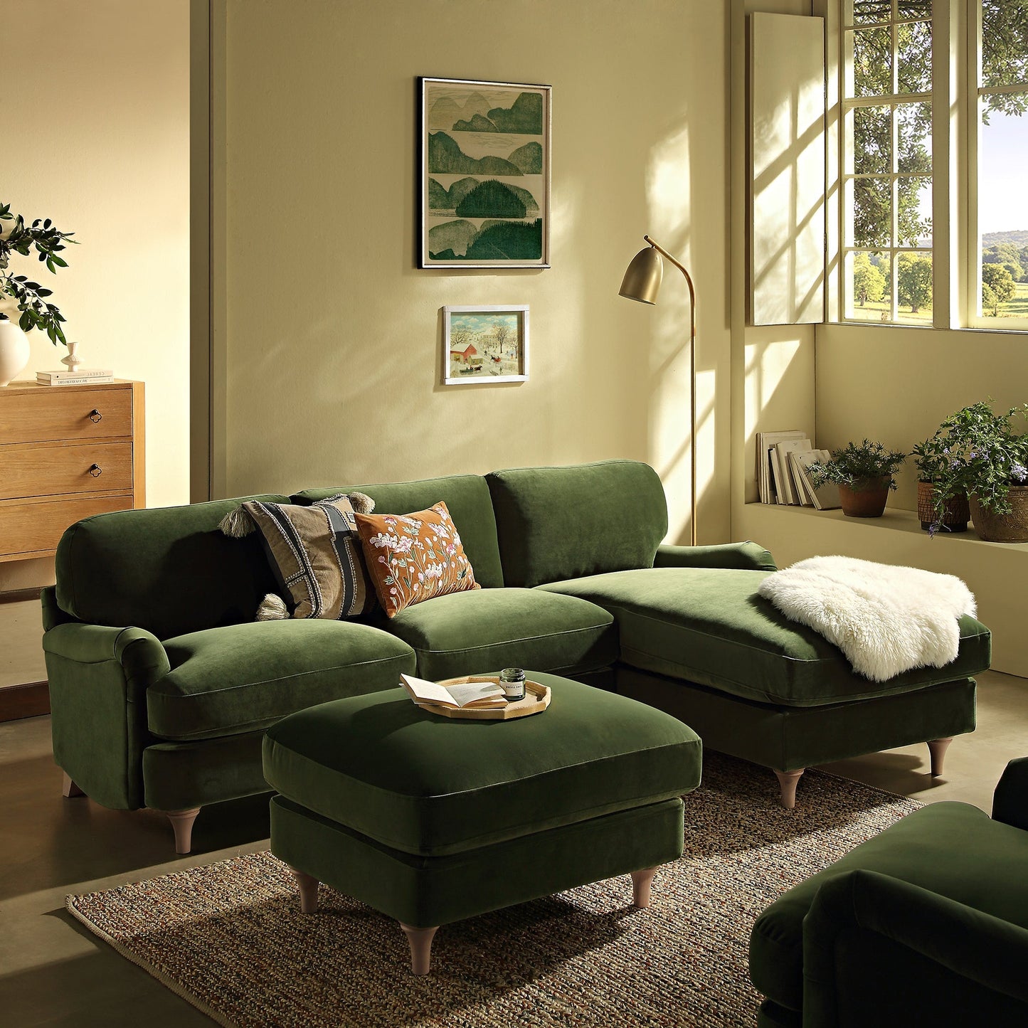 Canapé en velours vert Daphnis Fern, Grande Chaise Longue orientée à droite