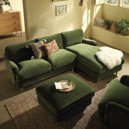 Canapé en velours vert Daphnis Fern, Grande Chaise Longue orientée à droite