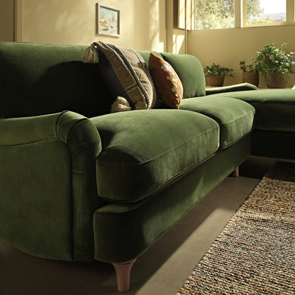 Canapé en velours vert Daphnis Fern, Grande Chaise Longue orientée à droite