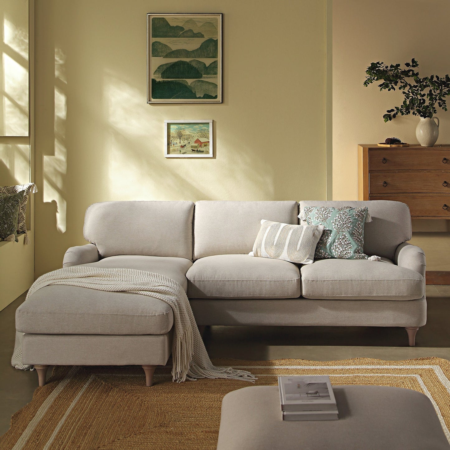 Canapé en tissu Daphnis Oatmeal, Grande Chaise Longue orientée à gauche