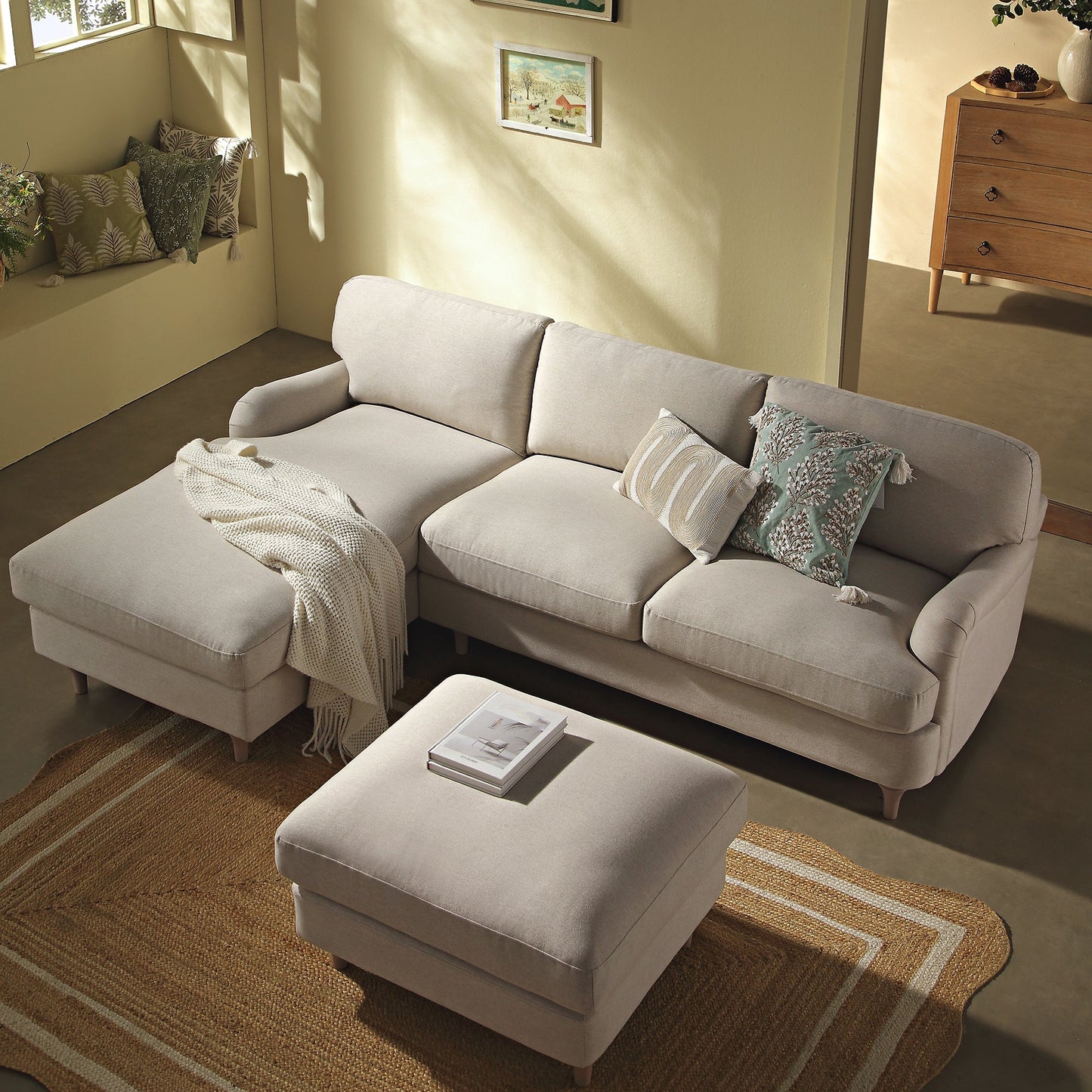 Canapé en tissu Daphnis Oatmeal, Grande Chaise Longue orientée à gauche