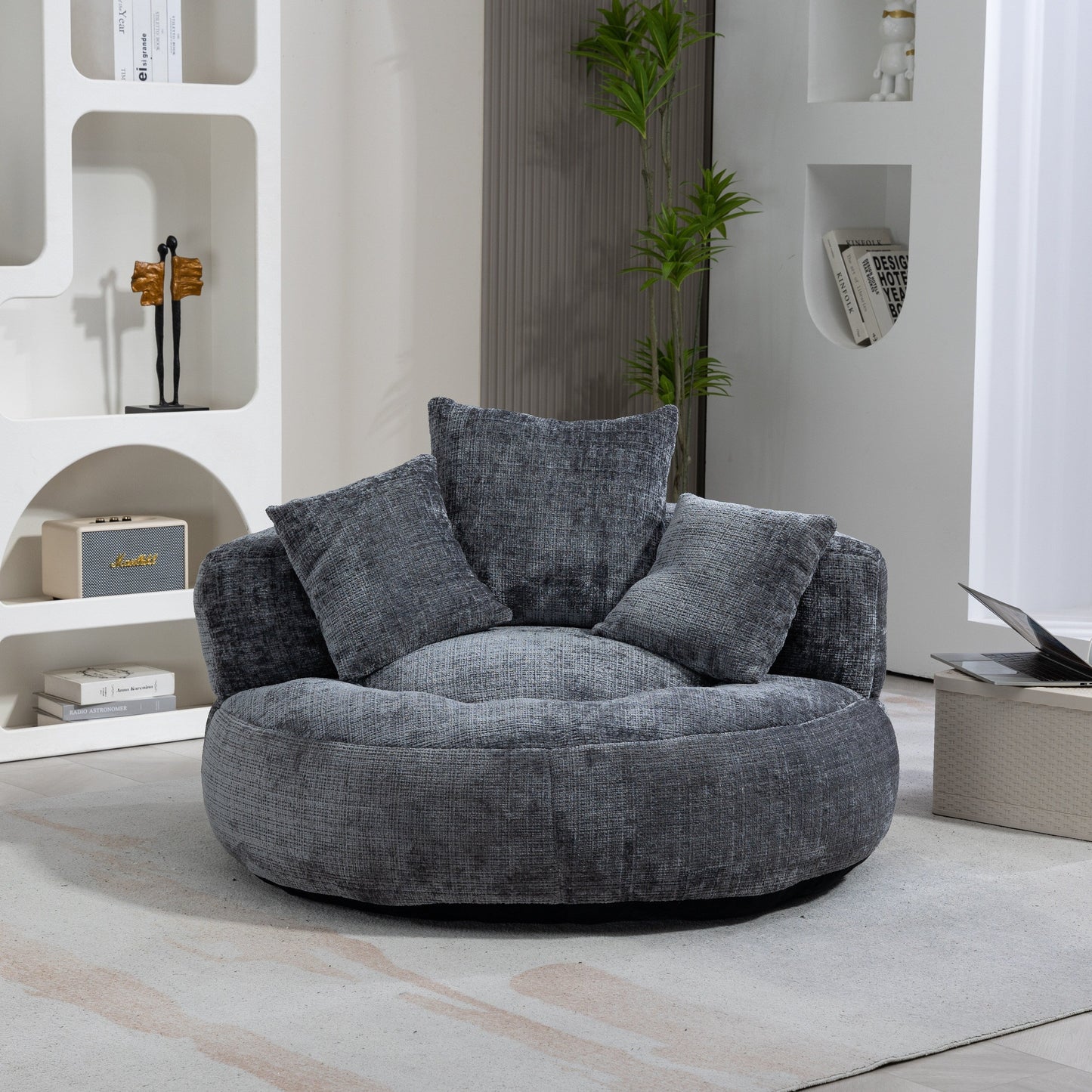 Pouf paresseux gris surdimensionné de 42,52 pouces en chenille avec trois coussins pour chambre à coucher