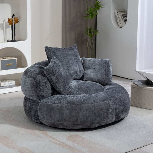 Pouf paresseux gris surdimensionné de 42,52 pouces en chenille avec trois coussins pour chambre à coucher
