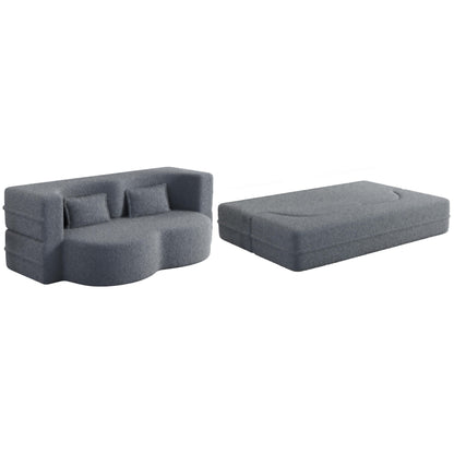 Canapé-lit convertible deux places en tissu Teddy gris 78, garni de mousse, avec 2 oreillers et matelas pliable pour salon