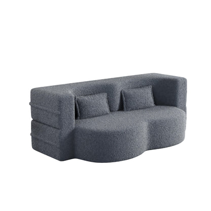 Canapé-lit convertible deux places en tissu Teddy gris 78, garni de mousse, avec 2 oreillers et matelas pliable pour salon