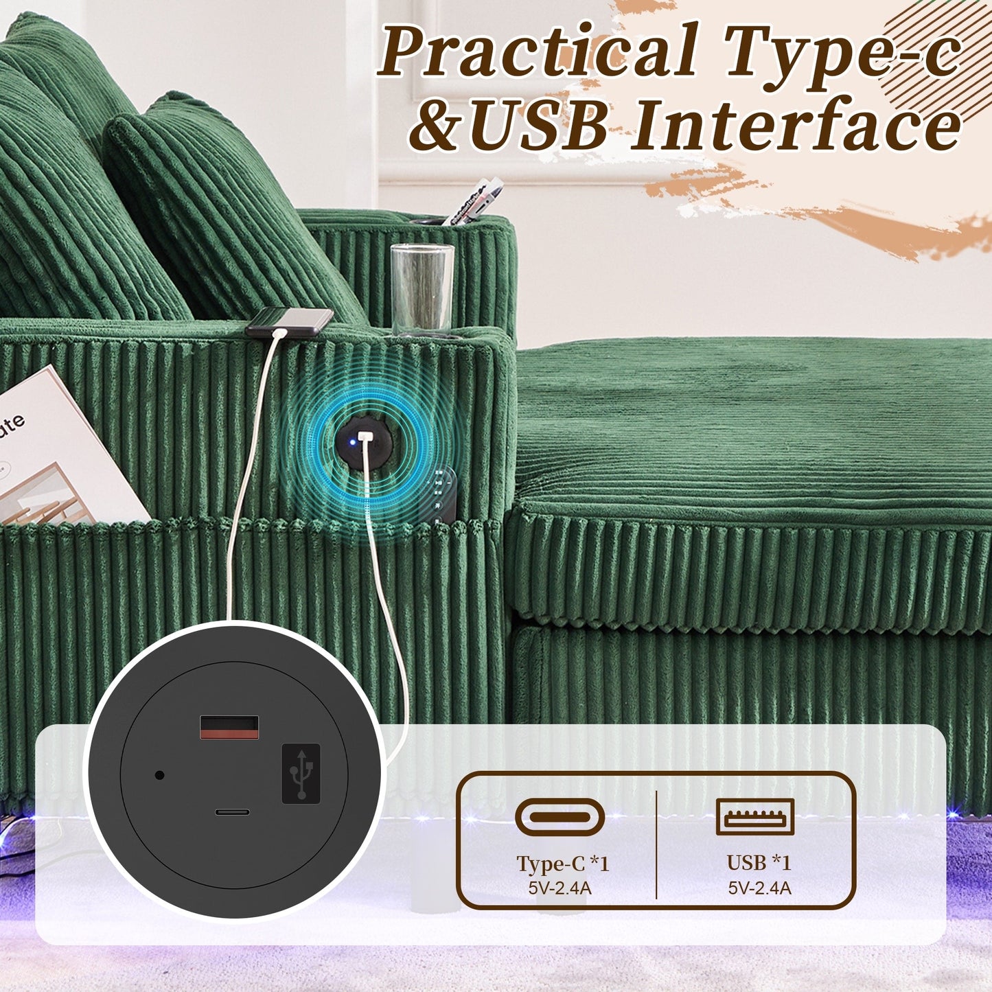 Canapé-lit inclinable surdimensionné HOMEFUN en velours côtelé avec éclairage LED RGB, porte-gobelet, port USB et 3 coussins