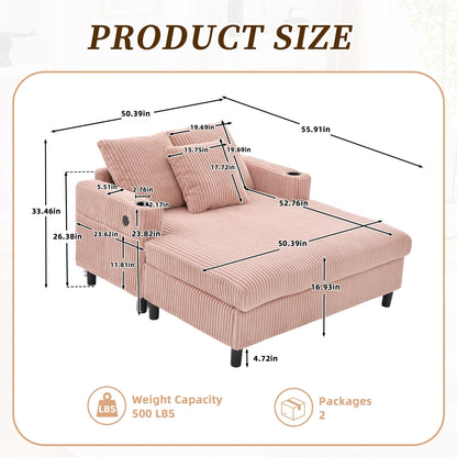 Canapé-lit inclinable surdimensionné HOMEFUN en velours côtelé avec éclairage LED RGB, porte-gobelet, port USB et 3 coussins