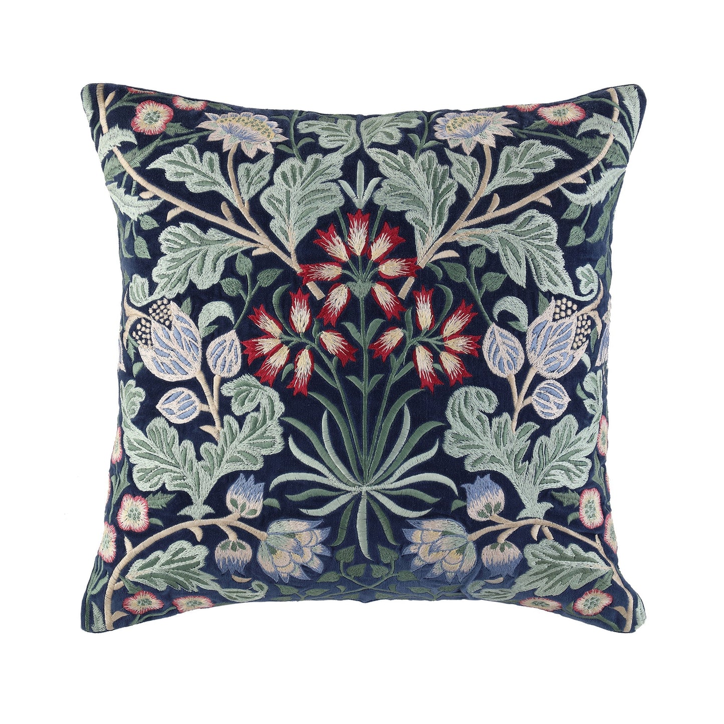 Coussin brodé à la main en velours bleu nuit de la collection Botanica