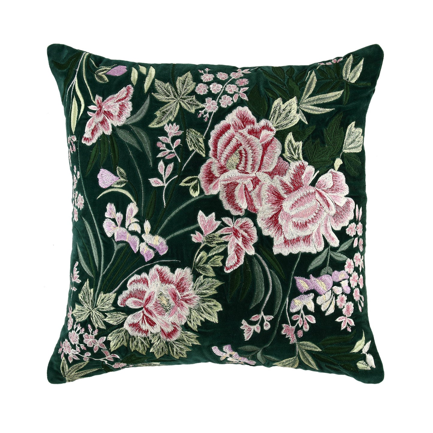 Coussin brodé à la main en velours émeraude de la collection Botanica