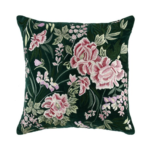 Coussin brodé à la main en velours émeraude de la collection Botanica