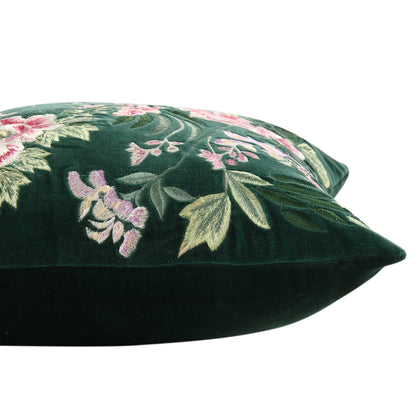 Coussin brodé à la main en velours émeraude de la collection Botanica