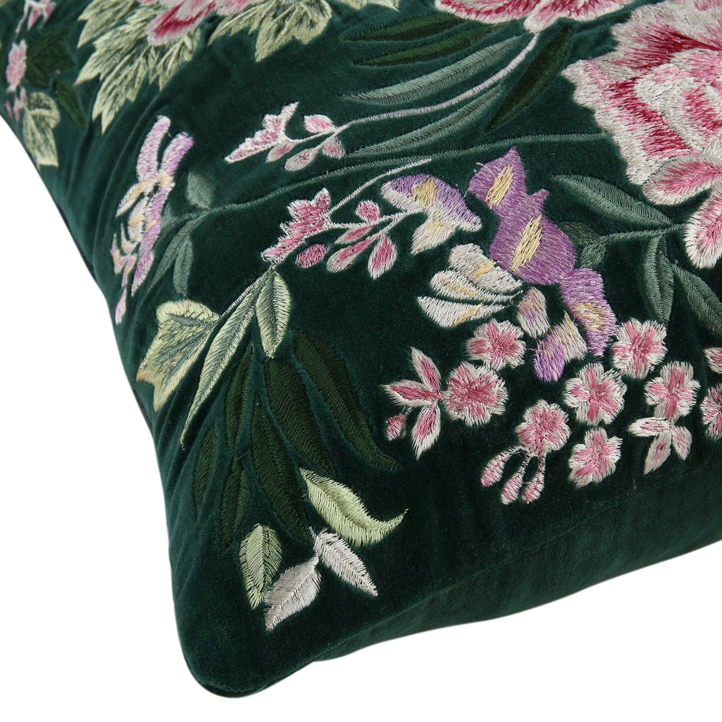Coussin brodé à la main en velours émeraude de la collection Botanica