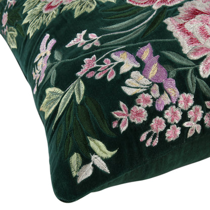 Coussin brodé à la main en velours émeraude de la collection Botanica