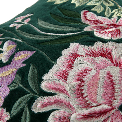 Coussin brodé à la main en velours émeraude de la collection Botanica