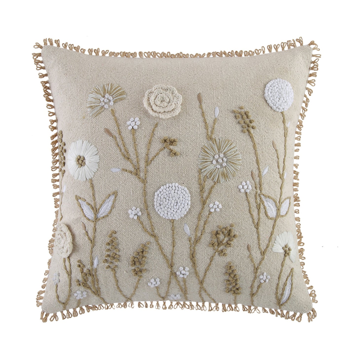 Coussin carré brodé à la main en dentelle de jute au crochet Delilah