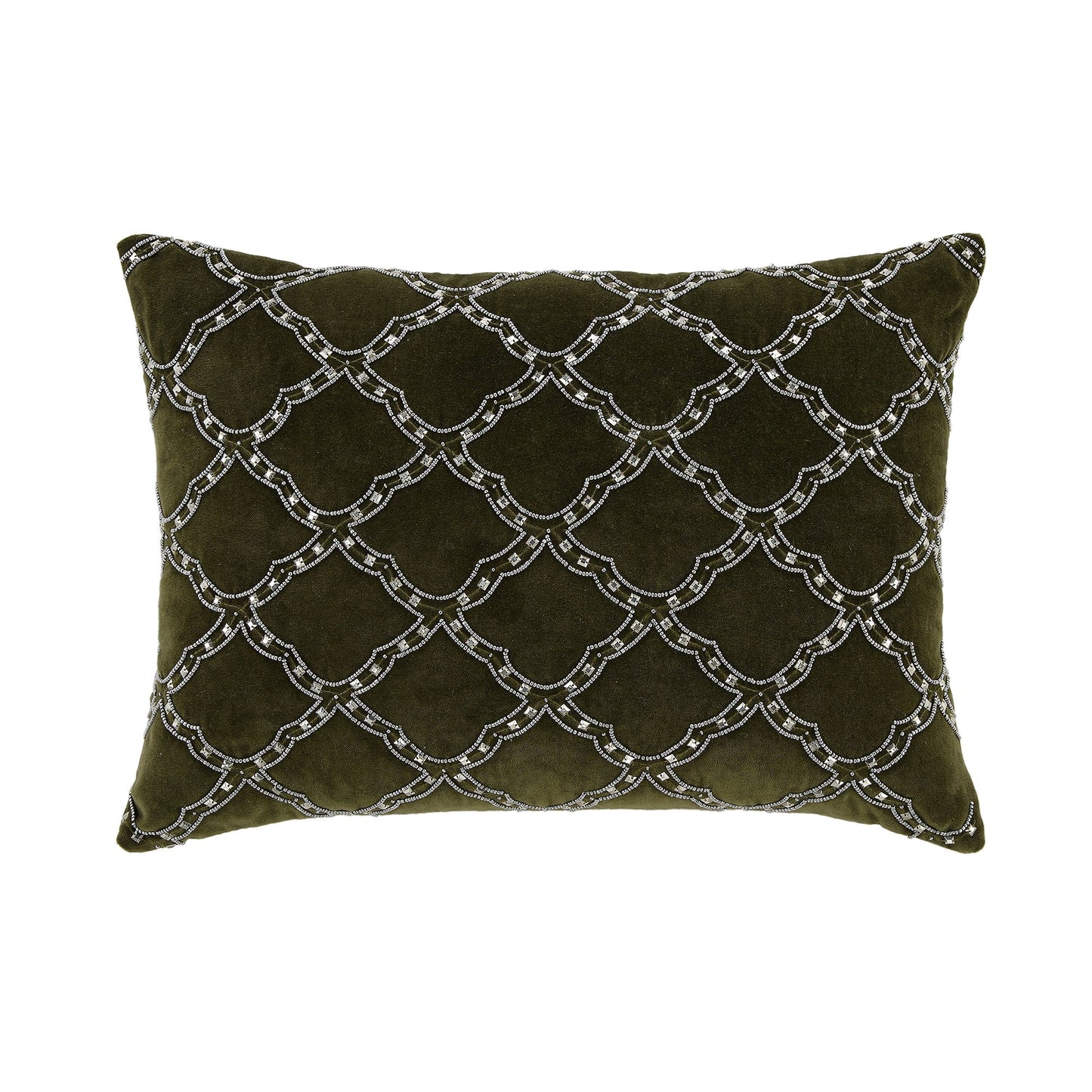 Coussin en velours de coton vert mousse perlé Greta de la collection Luxe