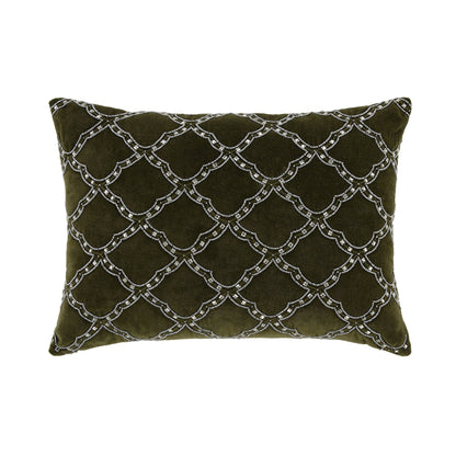 Coussin en velours de coton vert mousse perlé Greta de la collection Luxe
