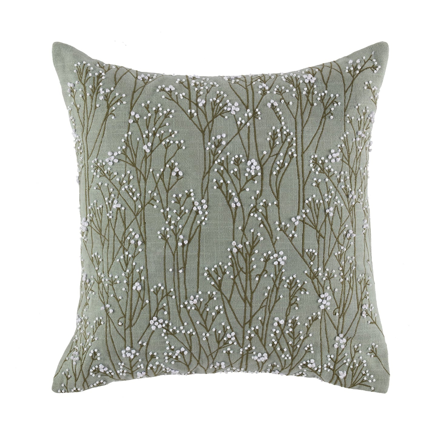 Coussin vert sauge brodé et perlé à la main Meadow