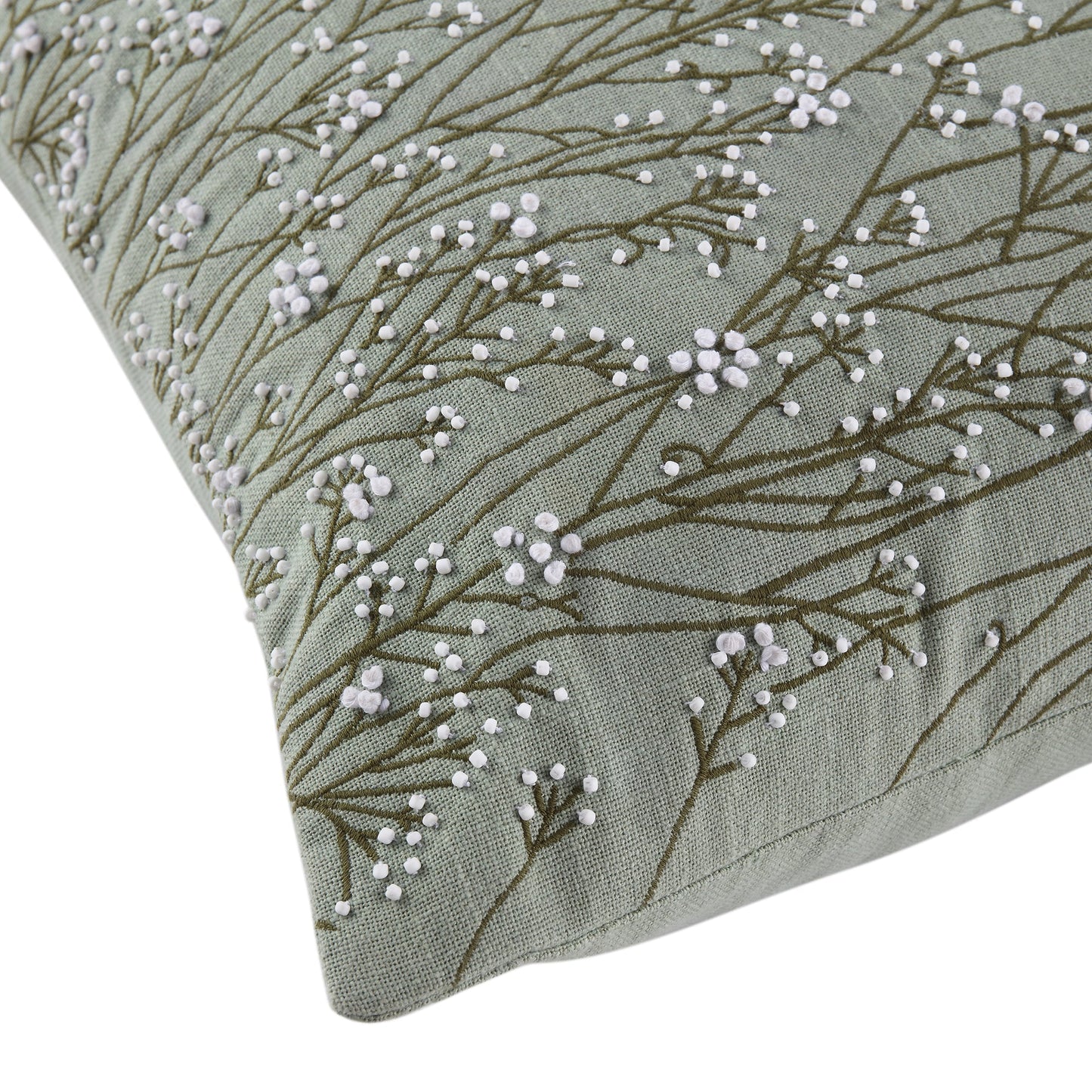 Coussin vert sauge brodé et perlé à la main Meadow