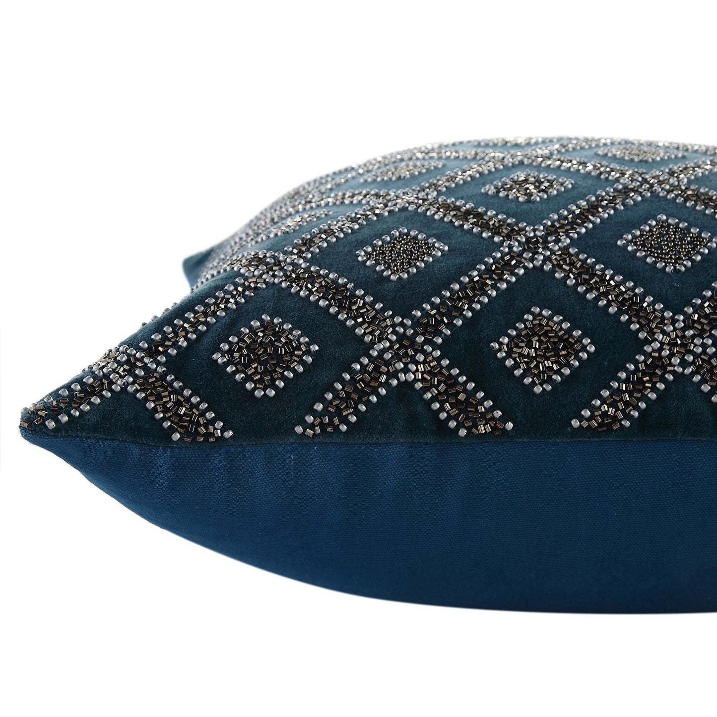 Oreiller en velours de coton bleu sarcelle à perles Ottavia de la collection Luxe