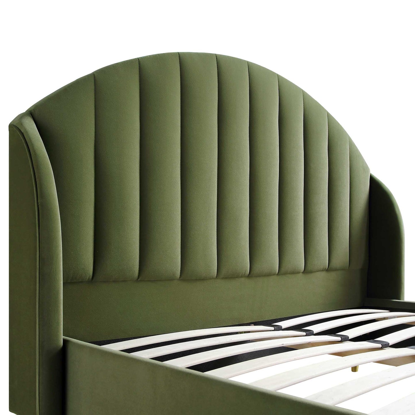 Cadre de lit rembourré en velours vert Eleanor Moss avec tête de lit bombée