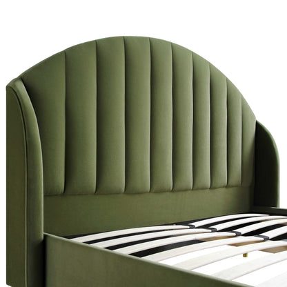 Cadre de lit rembourré en velours vert Eleanor Moss avec tête de lit bombée