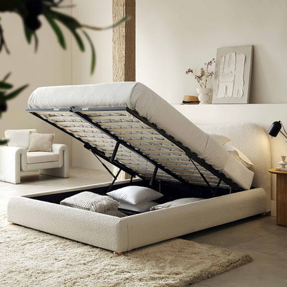 Lit coffre ottoman beige avec tête de lit incurvée Egerie