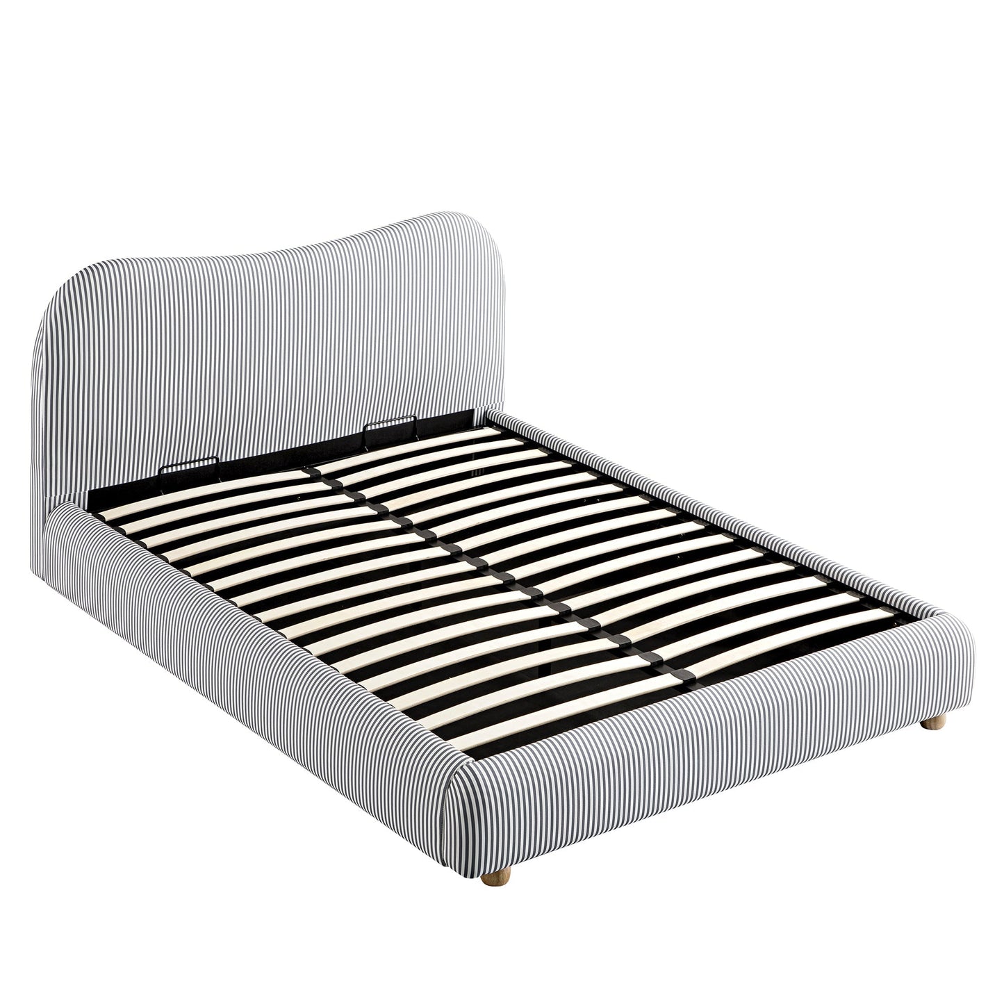 Lit ottoman avec tête de lit incurvée et rangement en tissu rayé bleu ardoise Egerie