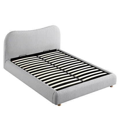 Lit ottoman avec tête de lit incurvée et rangement en tissu rayé bleu ardoise Egerie