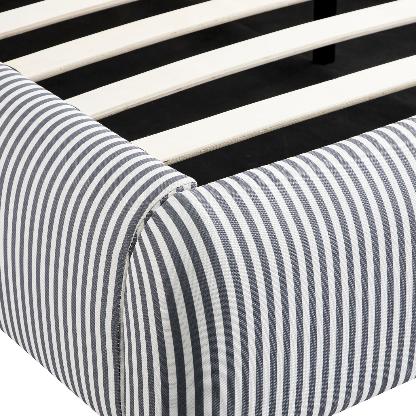 Lit ottoman avec tête de lit incurvée et rangement en tissu rayé bleu ardoise Egerie