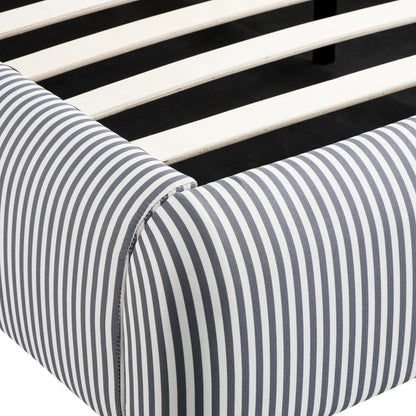 Lit ottoman avec tête de lit incurvée et rangement en tissu rayé bleu ardoise Egerie