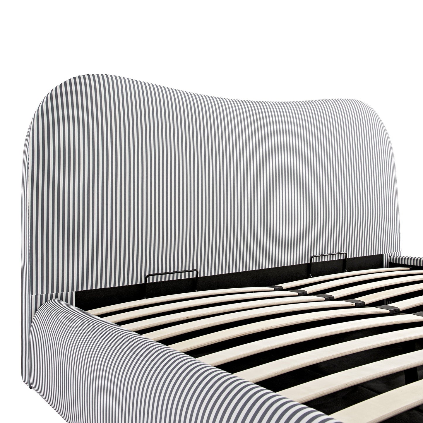 Lit ottoman avec tête de lit incurvée et rangement en tissu rayé bleu ardoise Egerie
