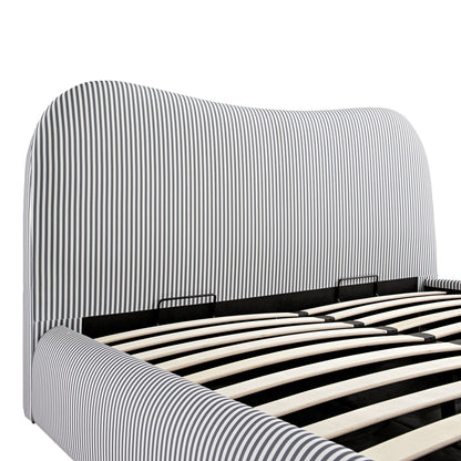 Lit ottoman avec tête de lit incurvée et rangement en tissu rayé bleu ardoise Egerie
