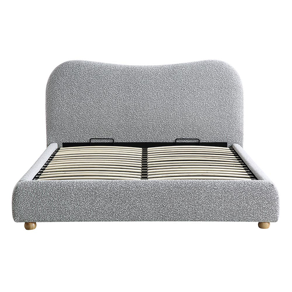 Lit coffre ottoman Egerie avec tête de lit incurvée et boucle gris brume