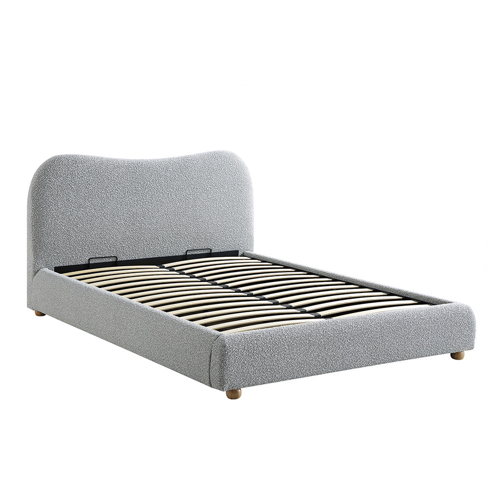 Lit coffre ottoman Egerie avec tête de lit incurvée et boucle gris brume