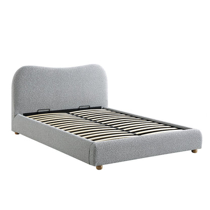 Lit coffre ottoman Egerie avec tête de lit incurvée et boucle gris brume
