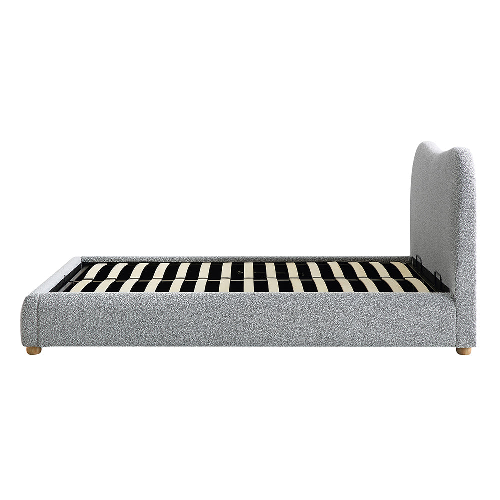 Lit coffre ottoman Egerie avec tête de lit incurvée et boucle gris brume