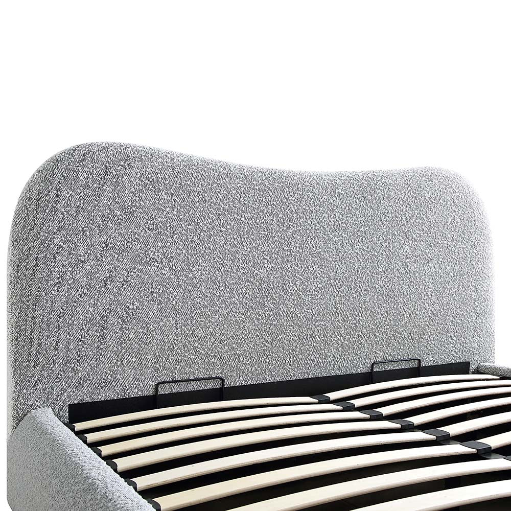 Lit coffre ottoman Egerie avec tête de lit incurvée et boucle gris brume