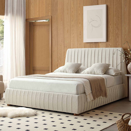 Lit coffre ottoman plissé Helia, beige bouclé