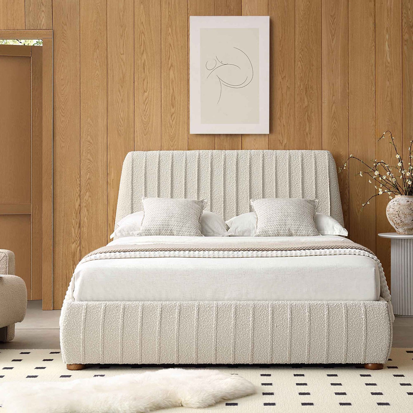 Lit coffre ottoman plissé Helia, beige bouclé