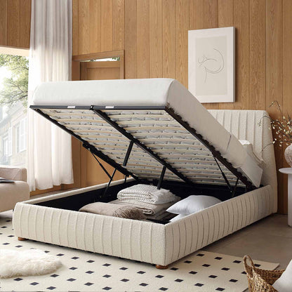 Lit coffre ottoman plissé Helia, beige bouclé