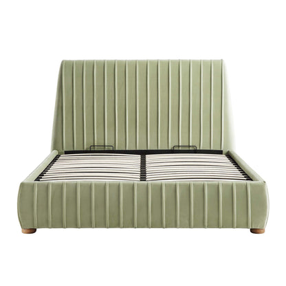 Lit de rangement ottoman plissé Helia, velours lichen